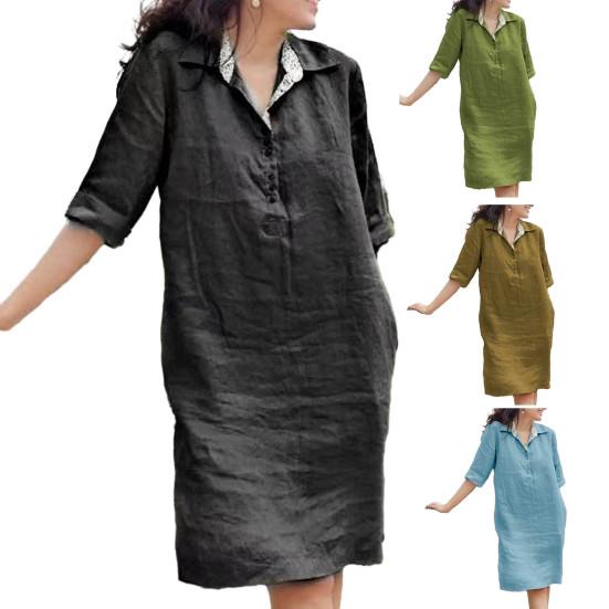 Women Dress Loose Three-quarter Sleeves Solid Color Lapel Knee Length Soft A-line Casual Spring Summer Midi Dress