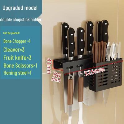 Punch-Free Wall-Mounted Kitchen Knife Rack with Chopstick Holders