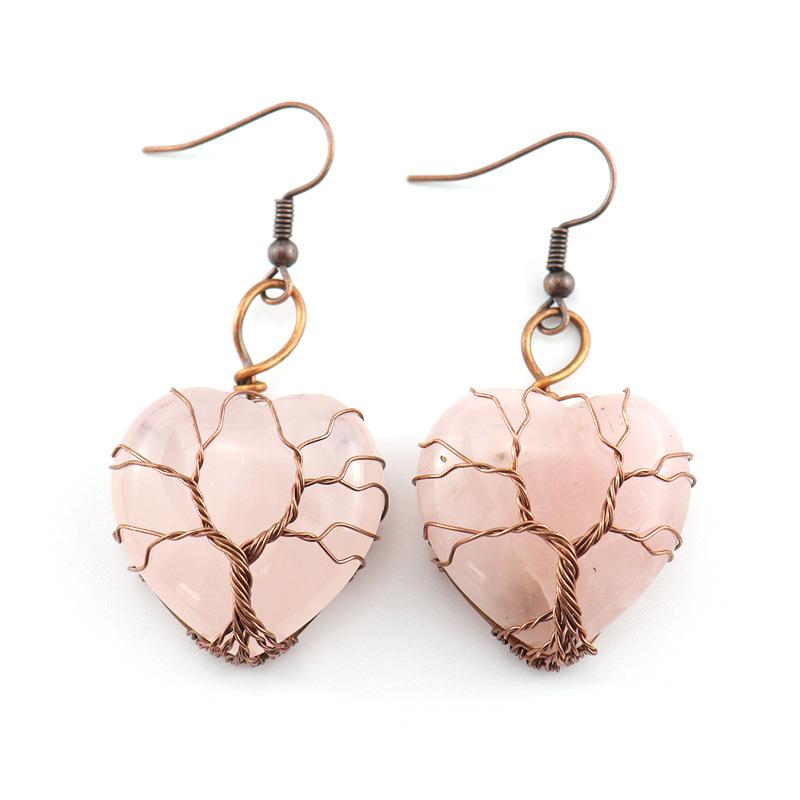 Retro Handmade Winding Tree Of Life Peach Heart Agate Earrings Earrings, Love Heart Earrings E33 розовый кварц