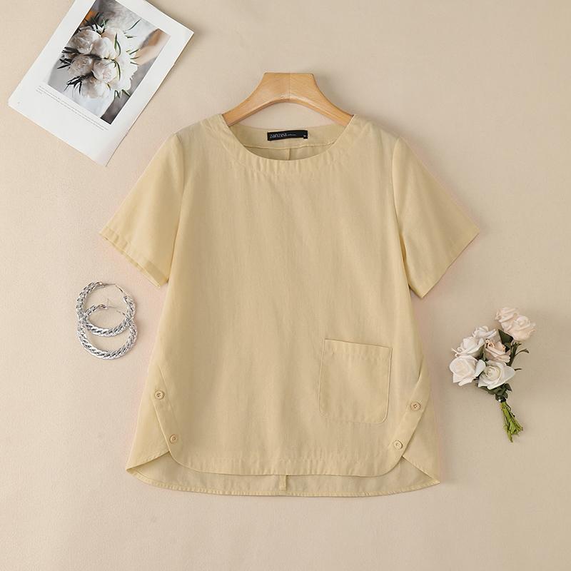 ZANZEA Blusa Feminina Casual Gola Redonda Cor Sólida Manga Curta Soltinha