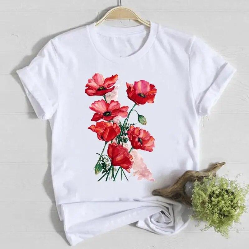 Blume Frühling Rundhals T-Shirt Top Shirt Damen Kleidung Mode T-Shirt Sommer Damen T Kurzarm Lässig Grafik T-Shirts