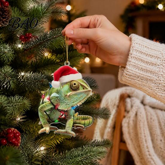 Decorative Animal Figurines for Home Christmas Hanging Ornaments with Lanyard, Cute Double Sided Pendant 2026 Holiday Tree Pendants Santa Hat, 2D Flat