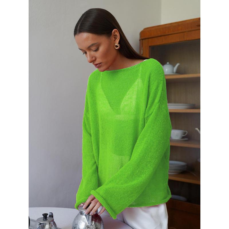 Tooxika Damen Neuer Durchsichtiger Dünner Rundhals Trompetenärmel Ajourstrickpullover