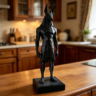 3D Printed Anubis Statue Desk Sculpture with Stable Square Base Matte Black Minimalist Low-Polygon Design for Home Office Study Room Decor Gift