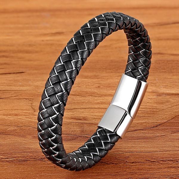 Men Jewelry Punk Black Blue Braided Leather Bracelet for Men Stainless Steel Magnetic Clasp Fashion Bangles Gifts 6 Colors