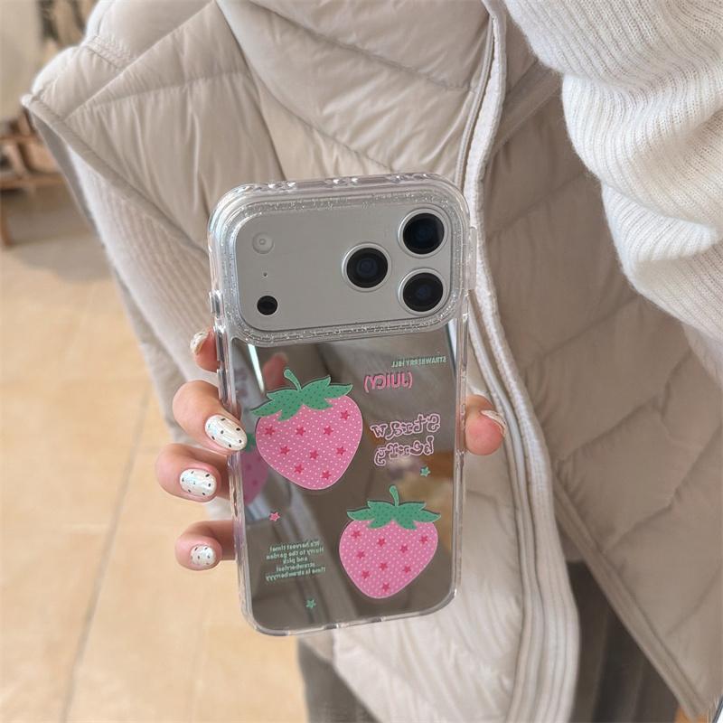 New 2026 Mirror Surface Pink Polka Dot Strawberry Phone Case For iPhone 17 Pro 16 15 14 17 Pro Max Shockproof Cover Girl