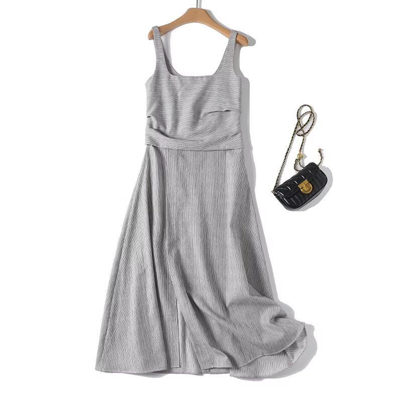 

MD Women clothes Leisure Holiday Style Chic Thin Stripe Middle Long Version Square Collar Vest Dress 06698595712 Rice Brown L