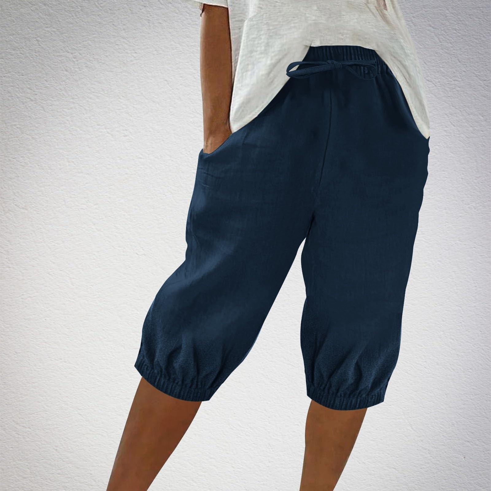 

Женские модные свободные повседневные эластичные хлопковые брюки со шнурком, однотонные, пять штанов L тёмно-синий