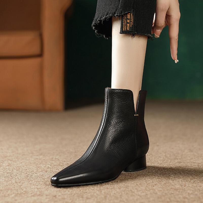 Fashion NEW Autumn Women Boots Pointed Toe Low Heel Ankle Boots Genuine Leather Shoes for Women Black Modern Boots Elegent Short Boots