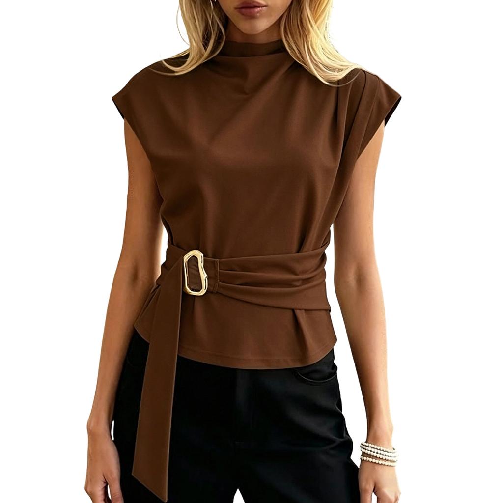 Sleeveless High Neck Blouse with Metal Buckle Waist Belt Adjustable Fit Office Shirt Top for Women