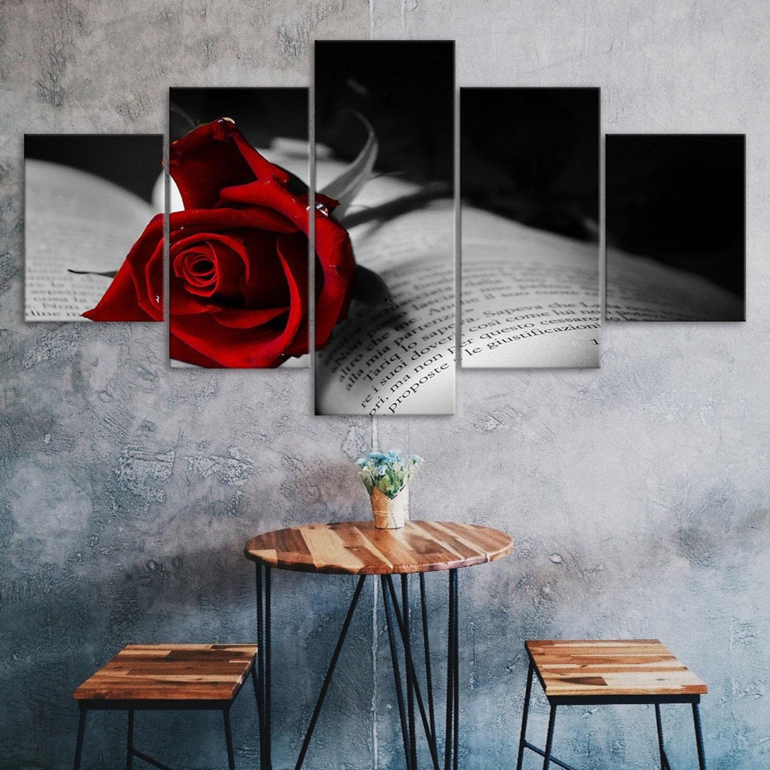 

Red Rose Flower Book Scene 5 Piece Five Panel Wall Canvas Print Modern Art Poster Picture Home Decor Gift For Him For Her 20X35 20X45 20X55CM