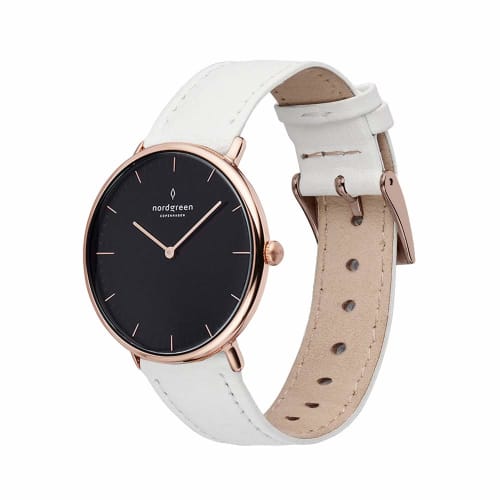 

Nordgreen Native Nordic Design Watch for Women, Rose Gold, Minimalist Design, Black Dial, White Leather Strap