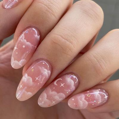 24 Pieces New Pink Cloud Wearing Manicure, Star Moon Wearing Nail Piece, Almond Shaped Fake Nail