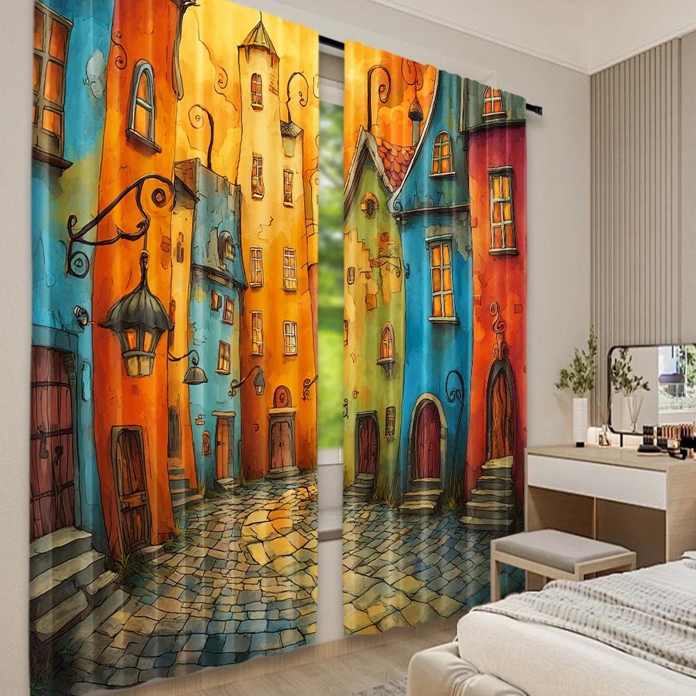 Set Of 2 Flat Printing Party Window Curtains Fairy Tale Village Digital Printed Polyester Drapes Decorations Perfect Curtain Made