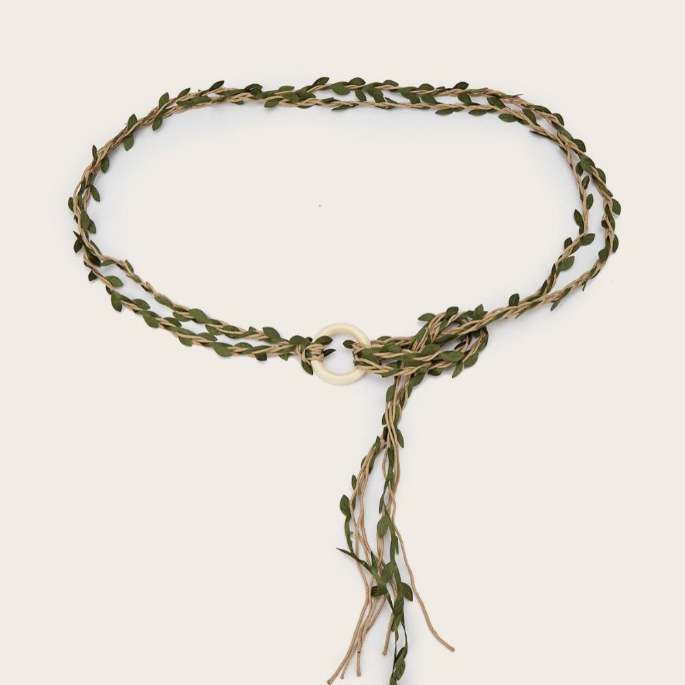 Wooden Ring Buckle Rattan Leaf Belt Boho Style Linen Rope Belt For Wedding Dress