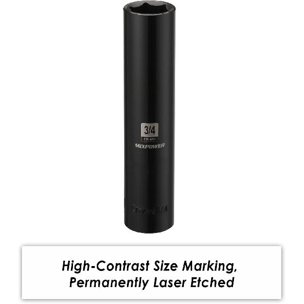 MIXPOWER 1/2" Dr. x 3/4-inch Extra Long Deep, 6 Point Impact Socket, Cr-Mo Alloy Steel, Radius Corner Design, Dual Size Markings, 5 inch Length