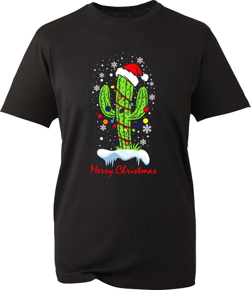 Frohe Weihnachten Kaktus Mit Lichtern T-Shirt Weihnachtsmannmütze Weihnachten Xmas Lichter Tee Oberteil