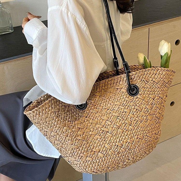 Grand Sac Cabas Sac d'Été Tissé Sac à Épaule Tissé en Paille Sac de Plage Tissé en Raphia Sac Tissé en Rotin