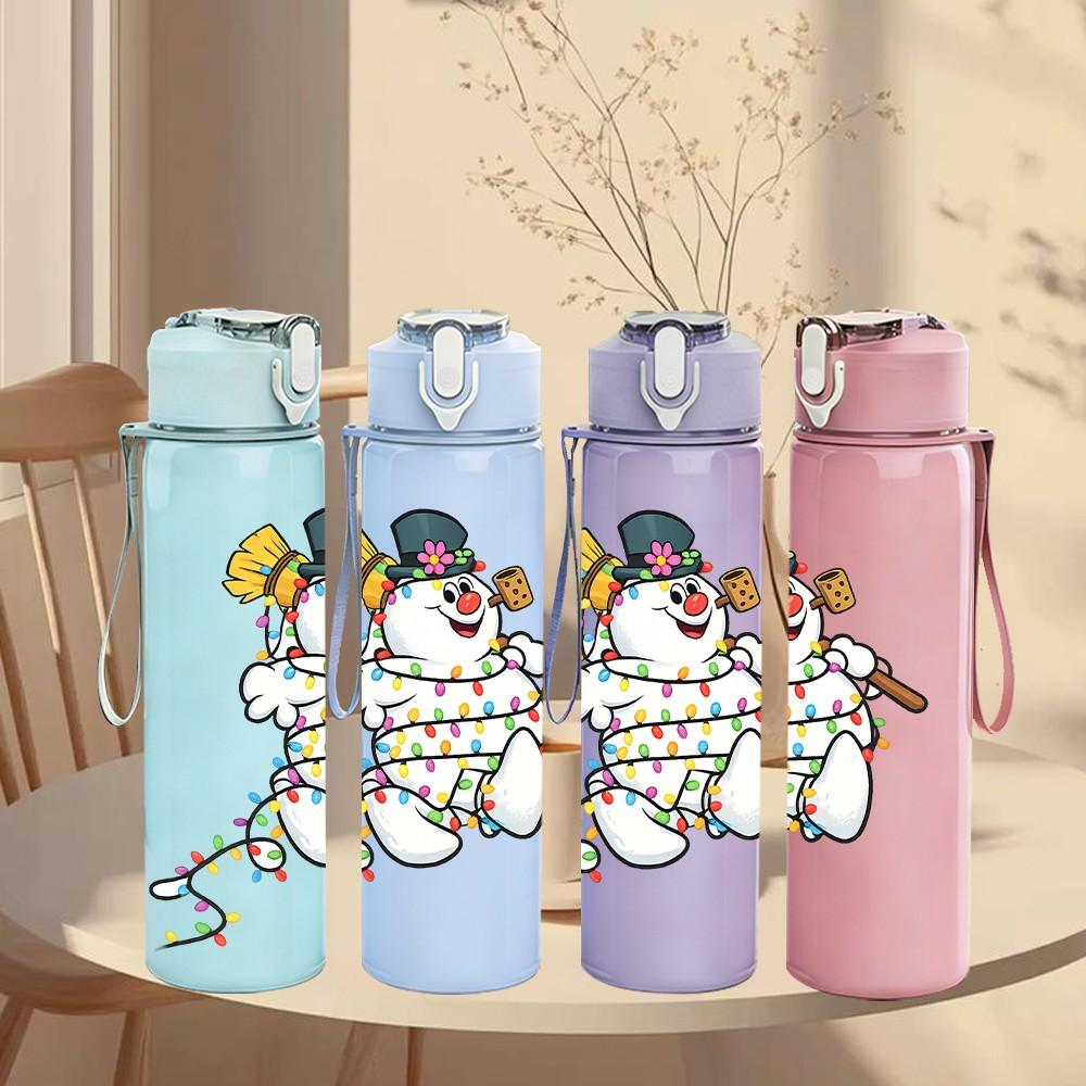 1PC Snowman Winter Cute Cartoon Print 750ml Color Plastic Sports Water Bottle Leakproof Flip Straw Lid Suitable for Sports Office Home Use