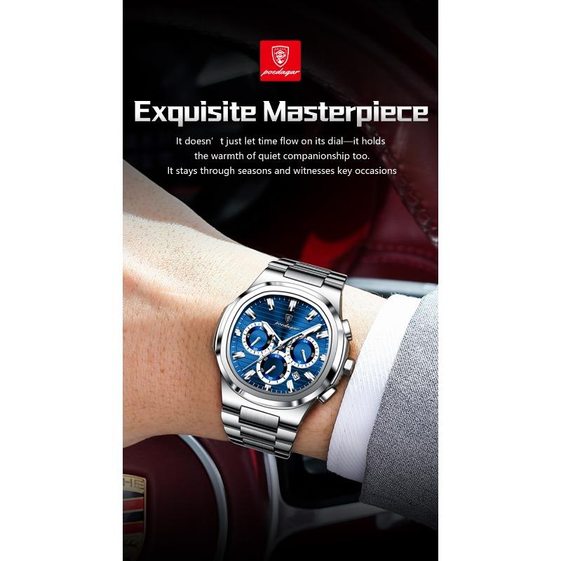 POEDAGAR Business Man Wristwatch Date Chronograph Waterproof Luminous Luxury Watch Stainless Steel Quartz Watches Male