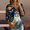 Women's Halloween Print V-Neck Button Three-Quarter Sleeve T-Shirt Casual Top