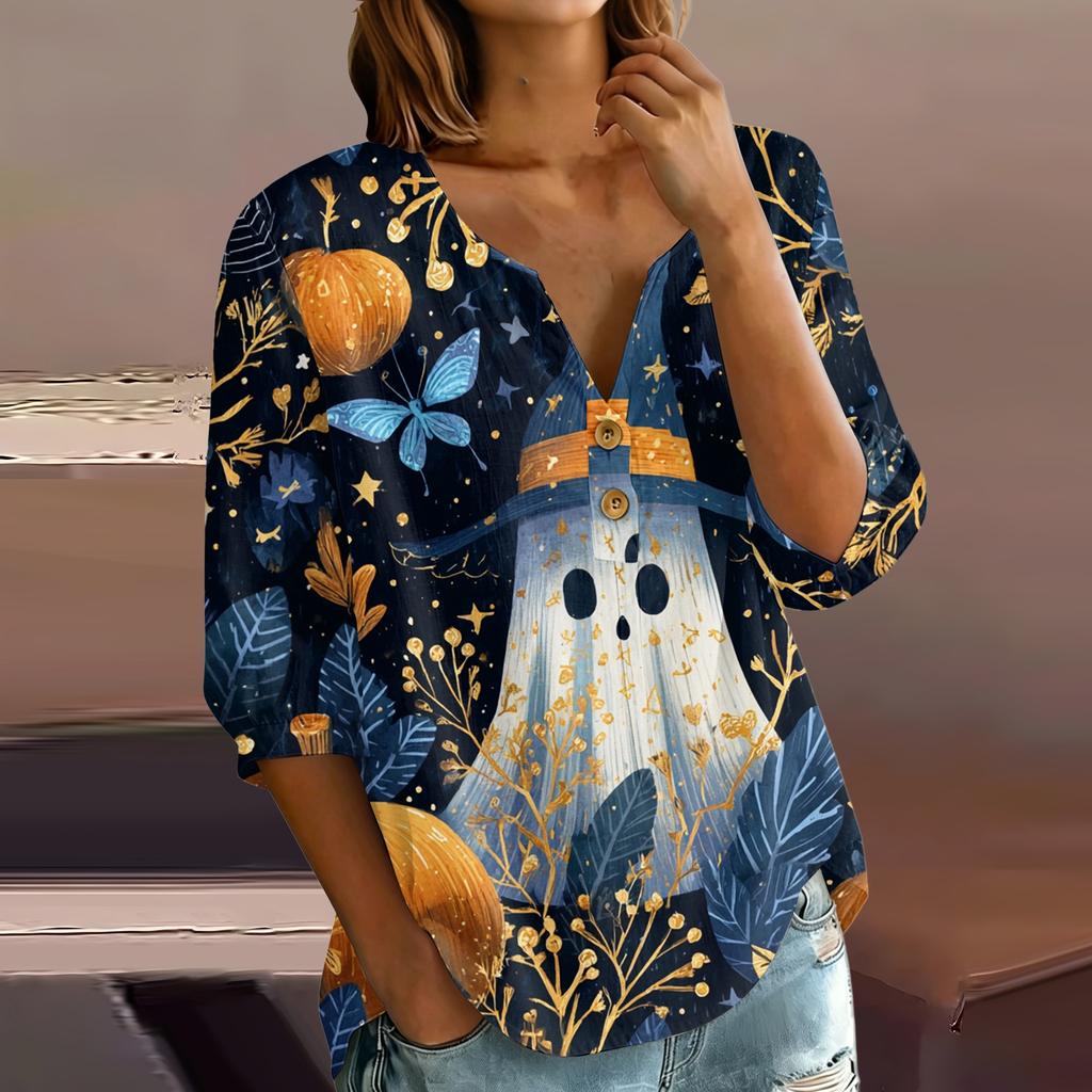 Women's Halloween Print V-Neck Button Three-Quarter Sleeve T-Shirt Casual Top