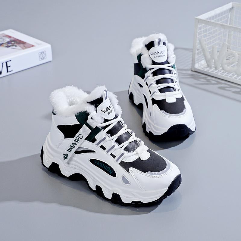 

Winter new high-top warm dad shoes ins thick-soled velvet lace-up short cotton shoes Q 35 чёрный