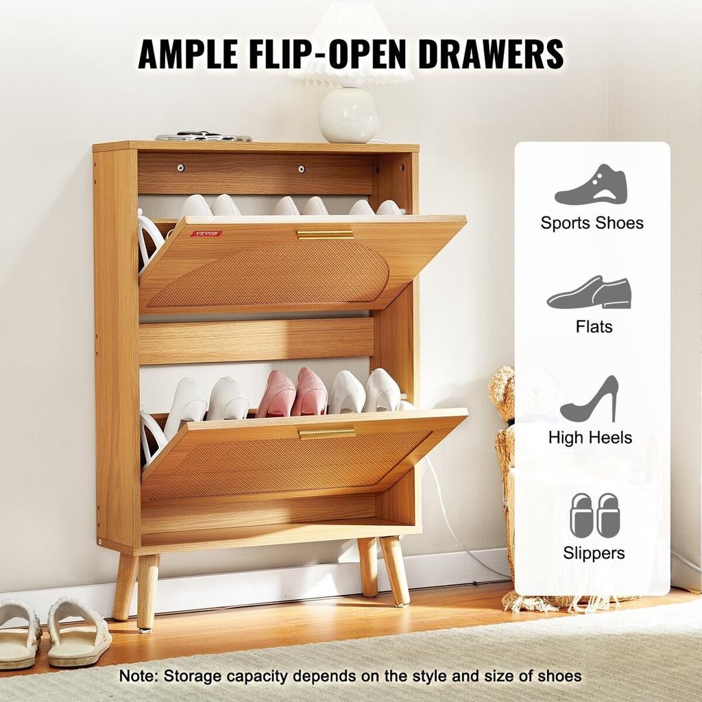 Shoe Cabinet with 2 Flip Drawers Rattan Shoe Storage Cabinet for Entryway