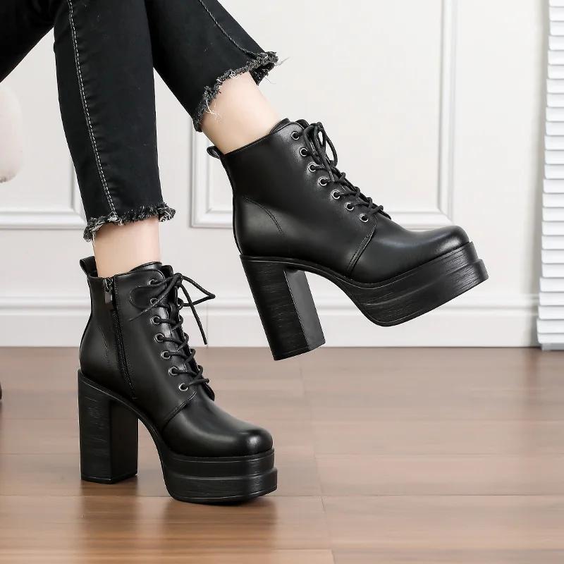 Women's Ankle Boots Platform  Trends Black Short Boot Winter Autumn Leather Gothic Punk Heels Party Shoe Lady Platform Boots