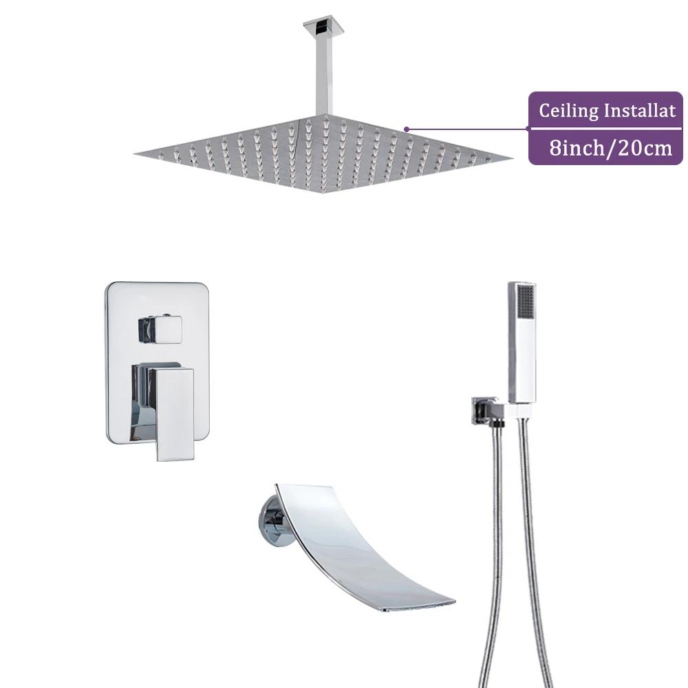 Polished Chrome 16 inch Big Rain Shower Faucet Single Handle Concealed Bath Shower Set with Handshower Brass Spout Wall Mounted