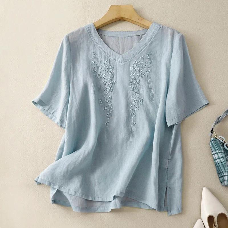 Women Floral Embroidered V Neck Short Sleeve Linen Cotton Blend Top M синий