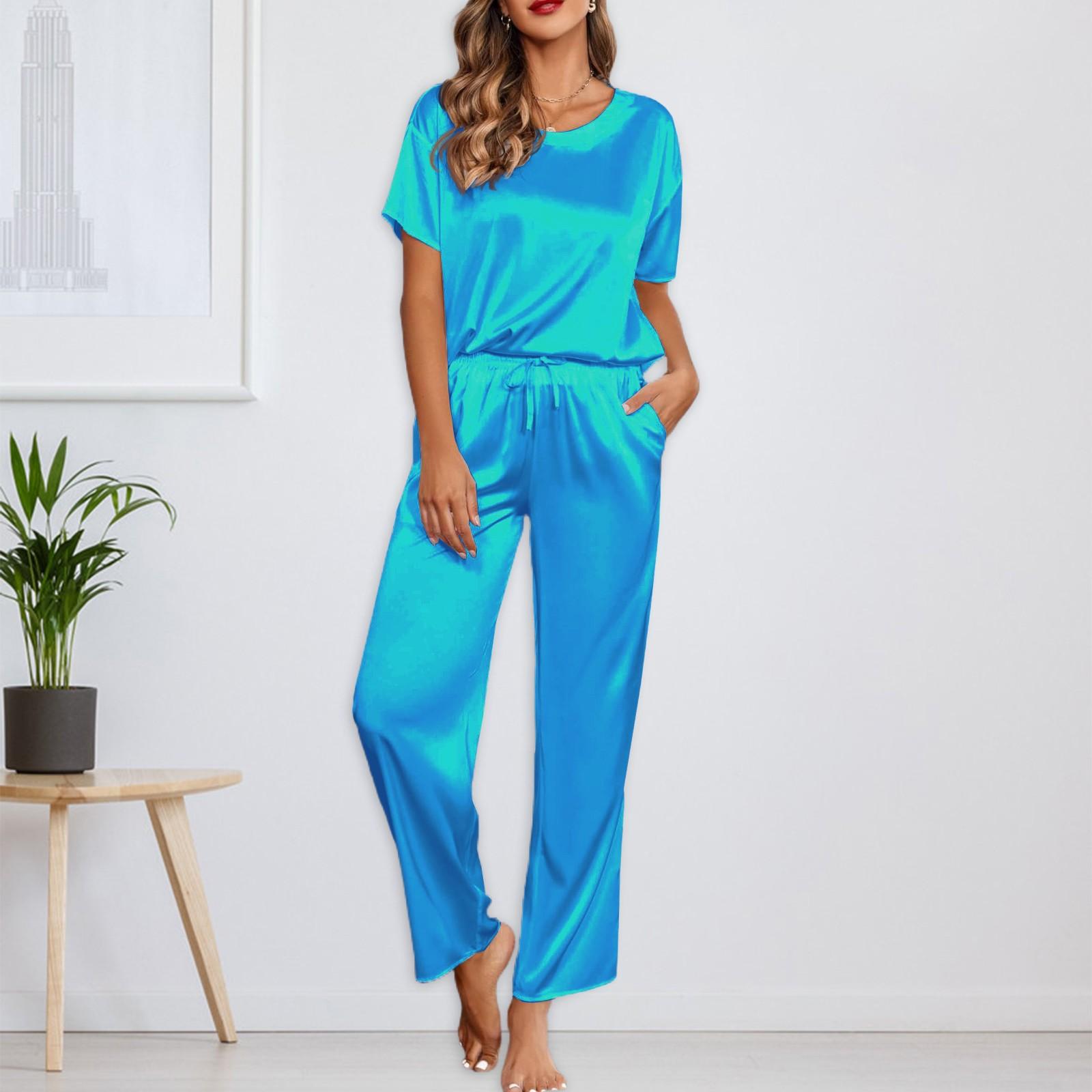 

Женский шелковый однотонный пижамный комплект, рубашка с коротким рукавом и длинные пижамные штаны, мягкая пижама, домашняя одежда M