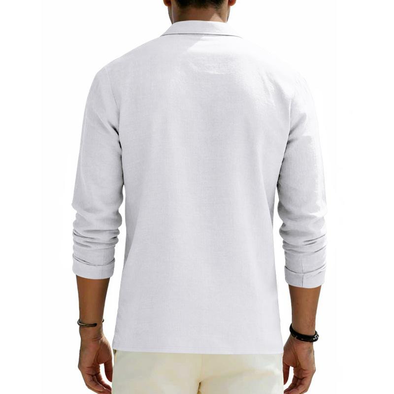 Spring Loose-Fit Solid-Colour Collared Casual Business Men's Long-Sleeved Linen Polo Shirt