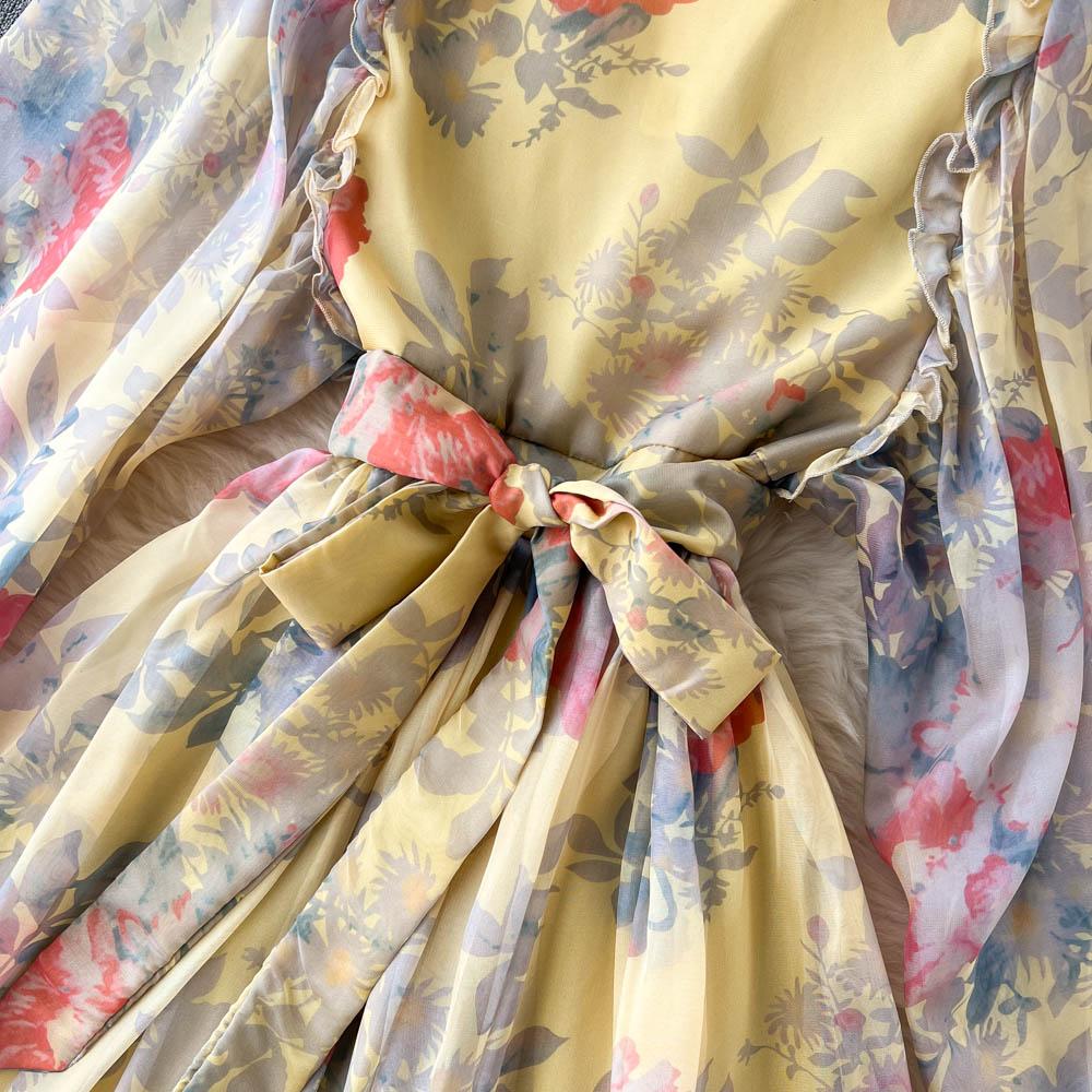 RUGOD Vacation Style Deep V-neck Lantern Sleeves Pleated Long Dress Early Spring Gentle Style Tea Break French Oil Painting Dress
