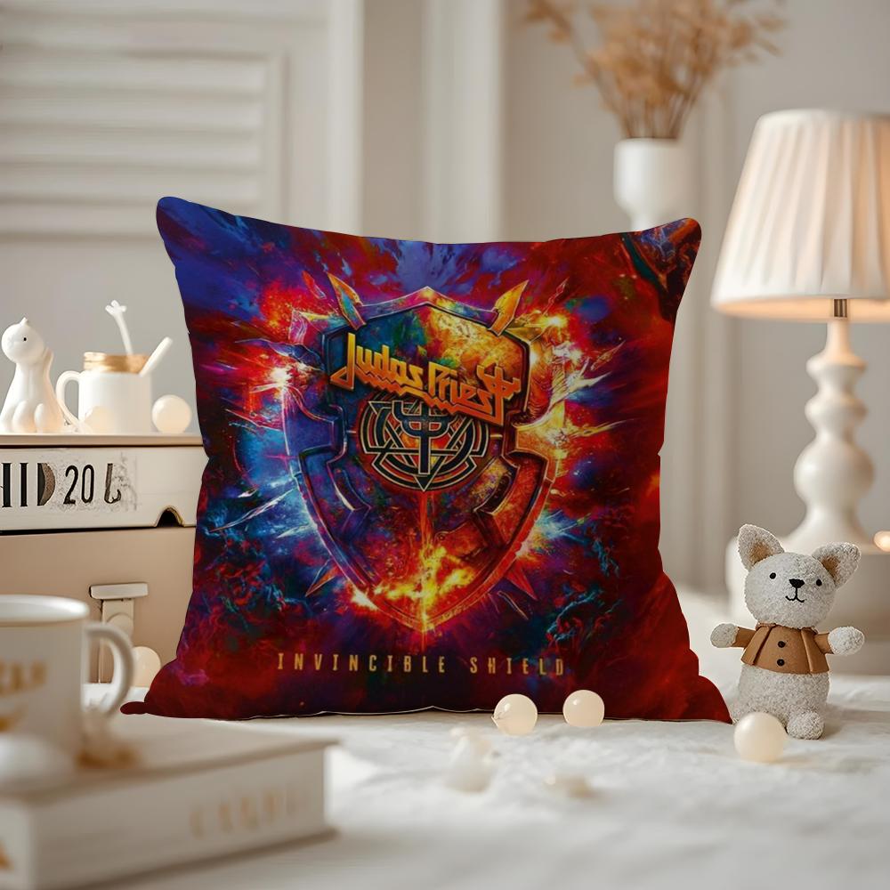 J-Judas P-Priest Cushion Cover Anti-dustmite Pillowcase Invisible Zipper Silky Short Plush Sofa Cushion Cover