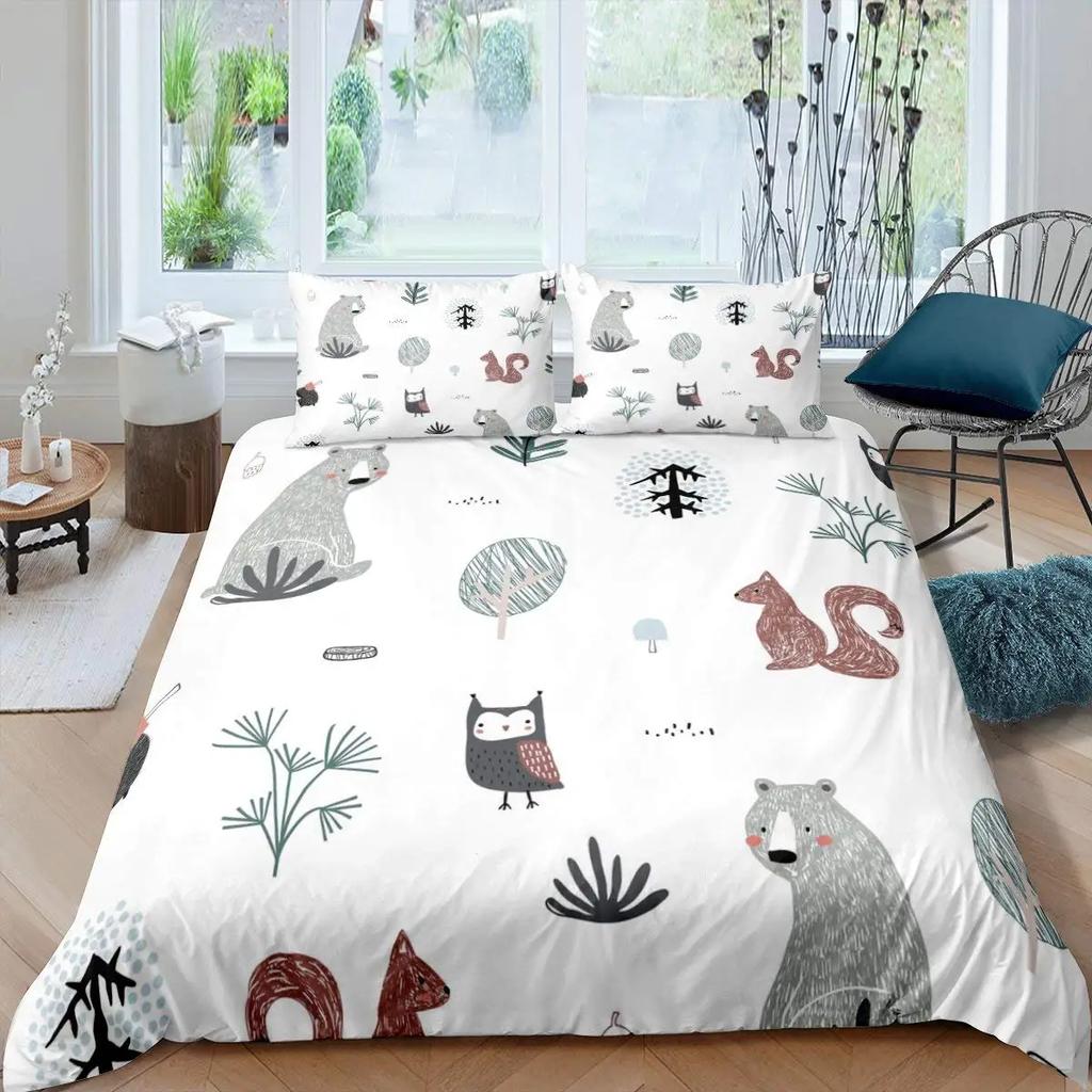 Bettbezug Tiere Cartoon Eichhörnchen Frühlingswiese Wald Fauna Schlafzimmer Dekorativ für Kinder Jungen Mädchen Geschenk Queen Size