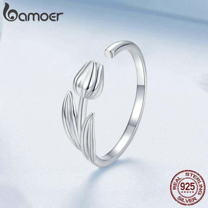 BAMOER Solid 925 Sterling Silver Adjustable Tulip Flower Rings Handmade High Polished Thumb Band Statement Ring for Women Girls Jewelry