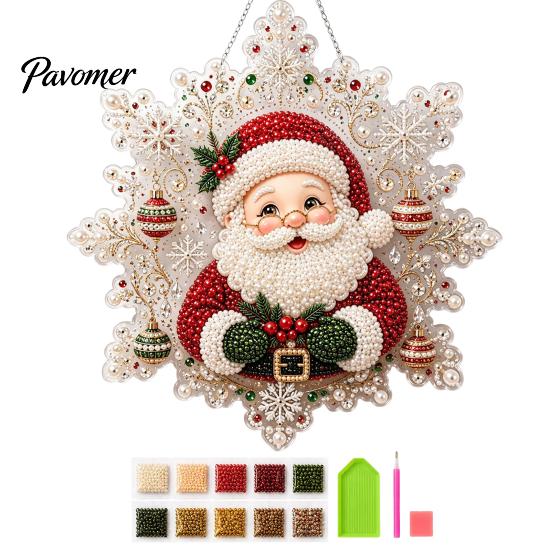 Acrylic Beaded Art Supplies Christmas Faux Pearl Painting Suncatcher Kit, Snowflake Shape Board Decorative Hanging Window with Lace Edge, 3D