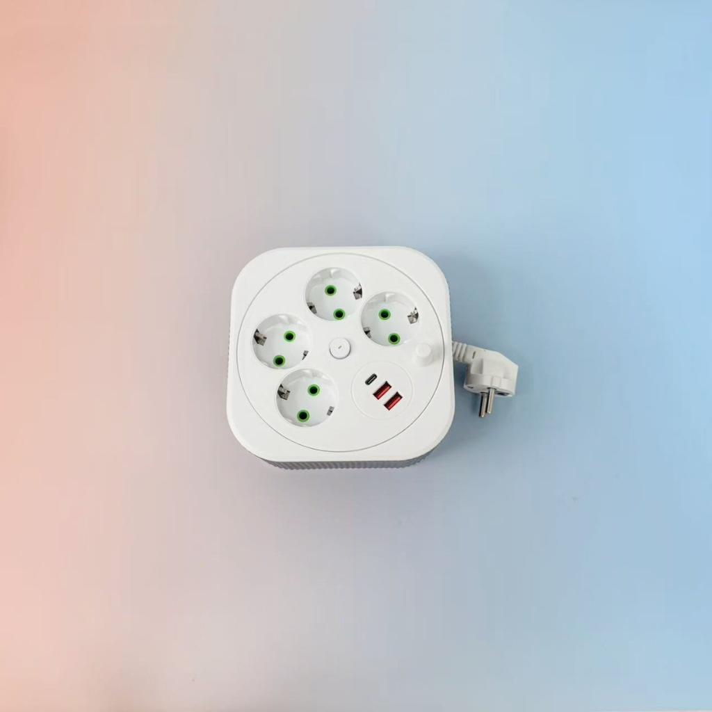 Retractable USB Power Strip – Square Portable Extension Cord with 2-Meter Cable, Multi-Socket Charging Station