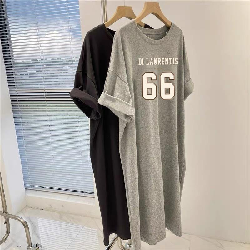 Off-Campus Lässiges Rundhals-T-Shirt-Kleid in Übergröße für Damen, Bedrucktes Langes Kleid, Lässiger Stil Knielanges Nachthemd M licht grau