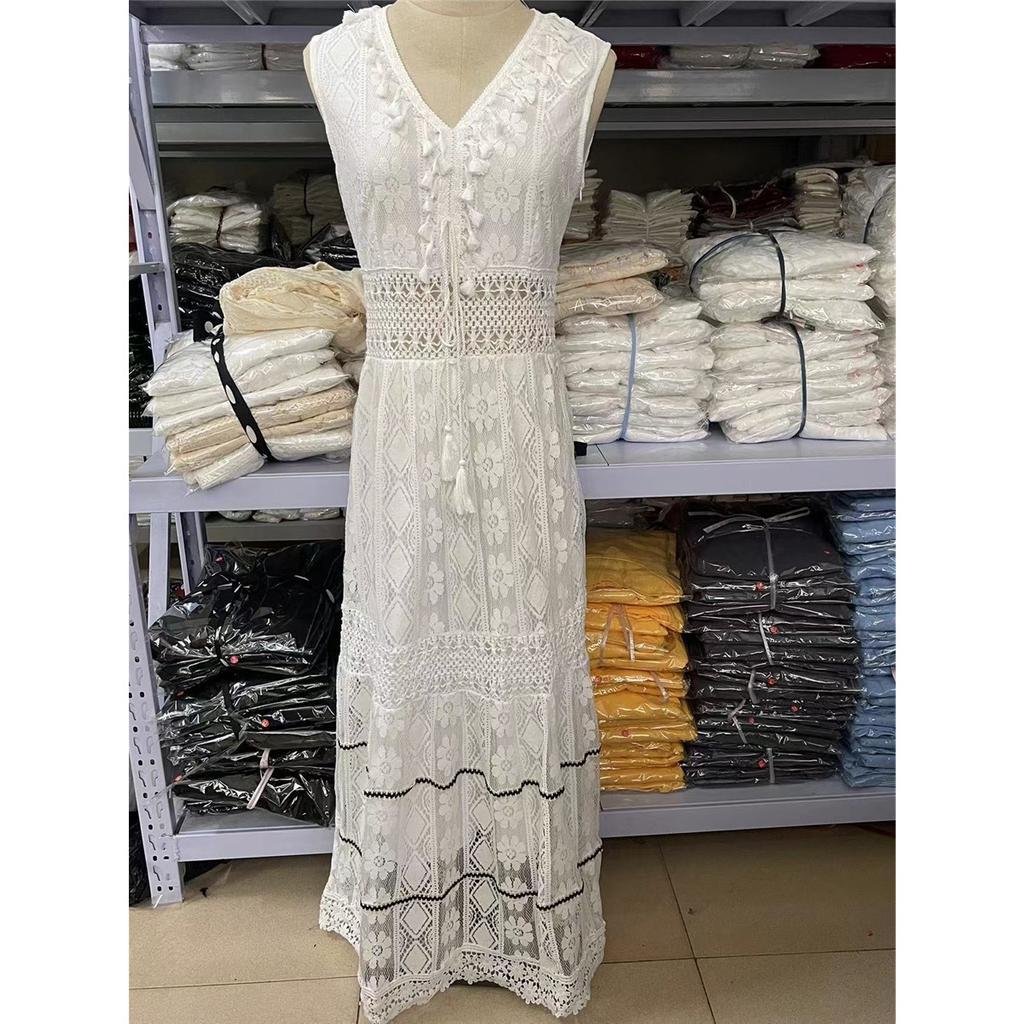 Ärmelloses V-Ausschnitt Böhmisches Langes Spitzenkleid für Damen