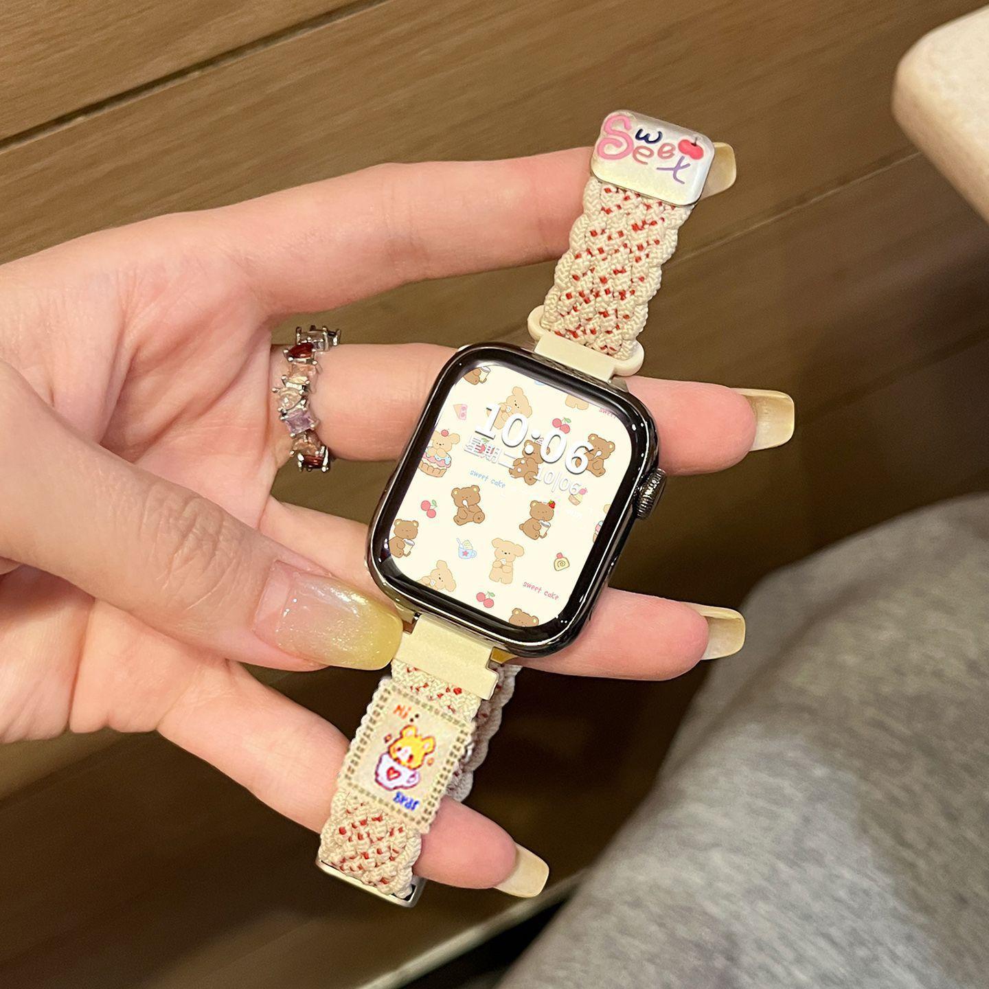 Кружевной ремешок-клубничный медведь для Apple Watch 11 - Плетеный нейлоновый милый дышащий спортивный ремешок для iWatch S10/9/8/7/6/5/4/3/2/1/SE/Ultra/Ultra2 49 мм 46 мм s3/2/1/(42mm) black