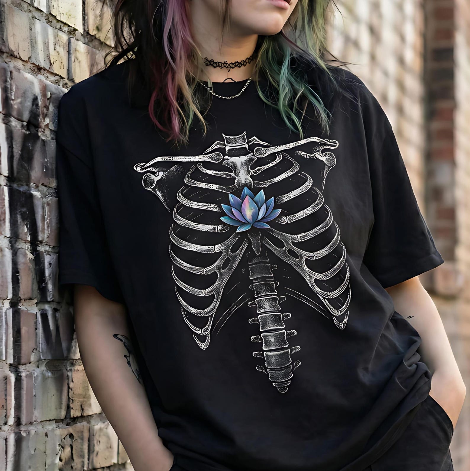Lotus Ribcage Graphic T-Shirt – Gothic Floral Anatomy Tee 4XL