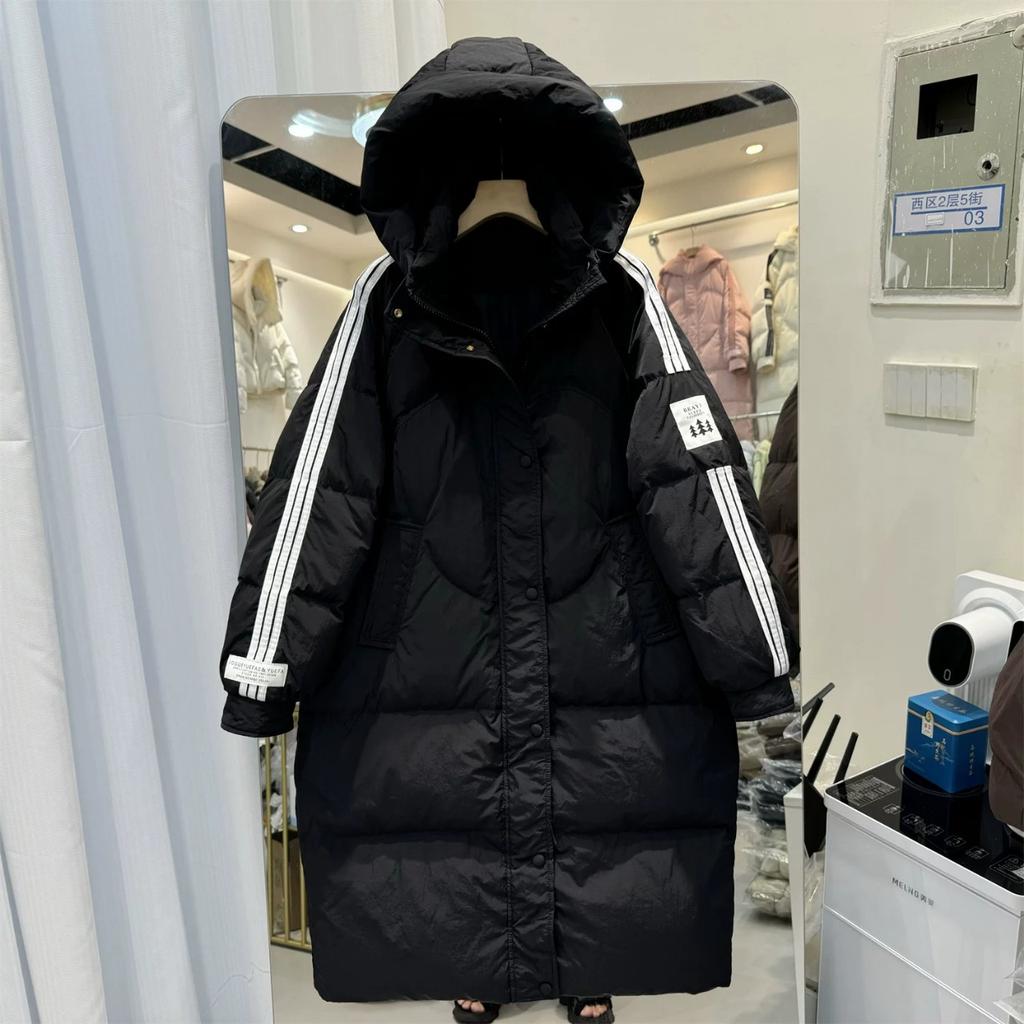 Winter New Down Jacket Women's Hooded Long Over-the-knee Sports Striped Three Trees Thickened Loose Duck Down Jacket