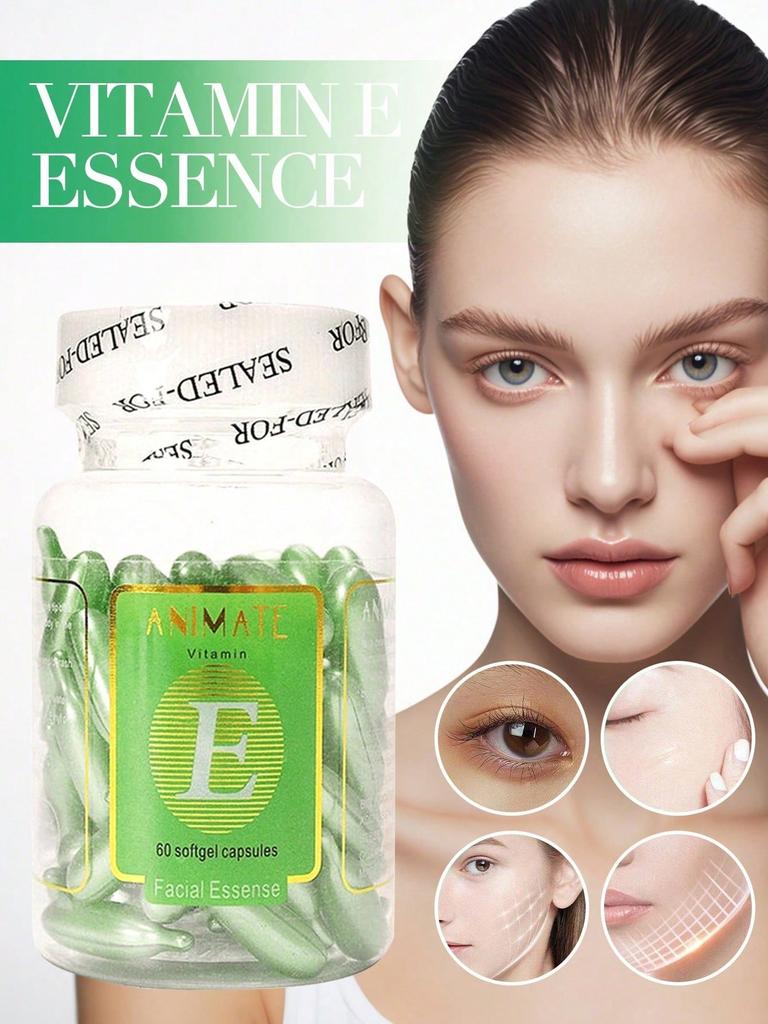 60PCS Vitamin E VE Facial Essence Capsule (Green), Bottled, Deeply Activates Skin, Moisturizes, Brig