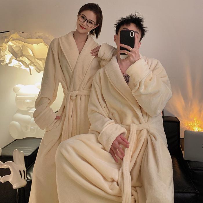 Spot Winter Coral Fleece Bathrobe for Women and Men - Thickened Extra Long Flannel Pajamas