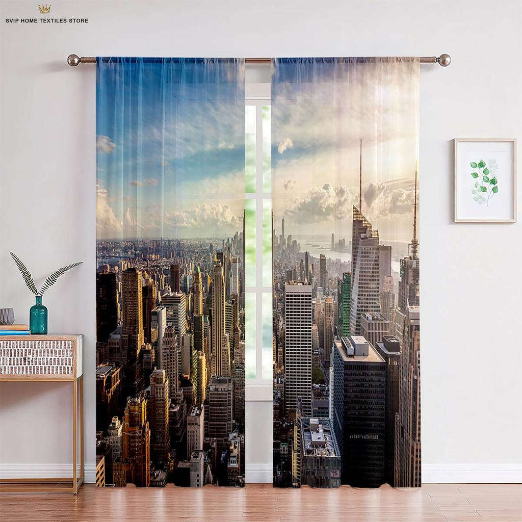 3D City Building Scenery Printing Window, Bedroom, Living Room, Kitchen Curtain, Home Decoration, 2 Pieces