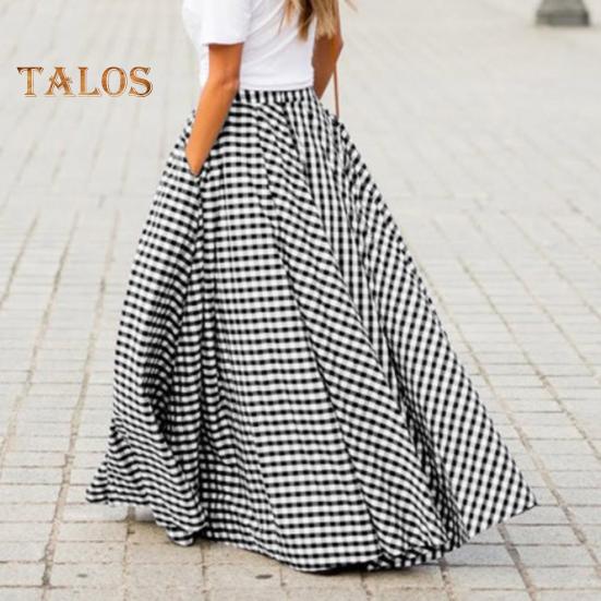 Jupe longue élastique taille haute pour femme, imprimé écossais, jupe trapèze avec poches, grand ourlet, jupe rétro, streetwear