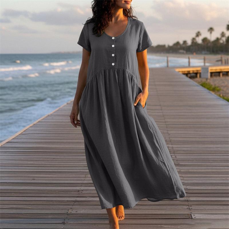Women's U-Neck Button Front Short Sleeve Linen Maxi Dress Solid Color Casual Summer