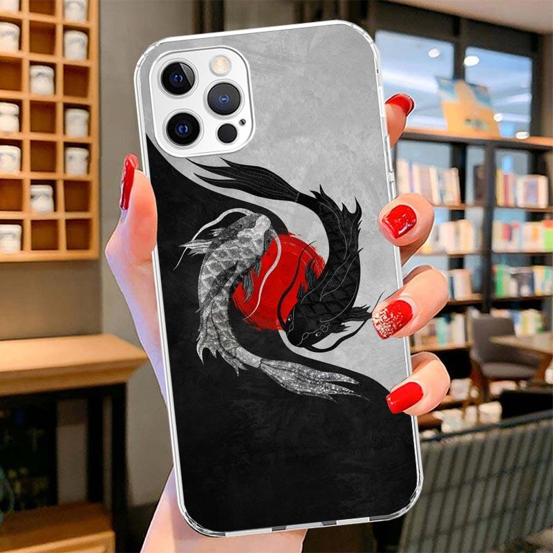 Japan Koi Fish Yin Yang Art Cover Phone Case For iPhone 16 17 Air 15 14 Pro Max 16E Phone Case 13 Mini 12 11 7 SE 8 Print Patter